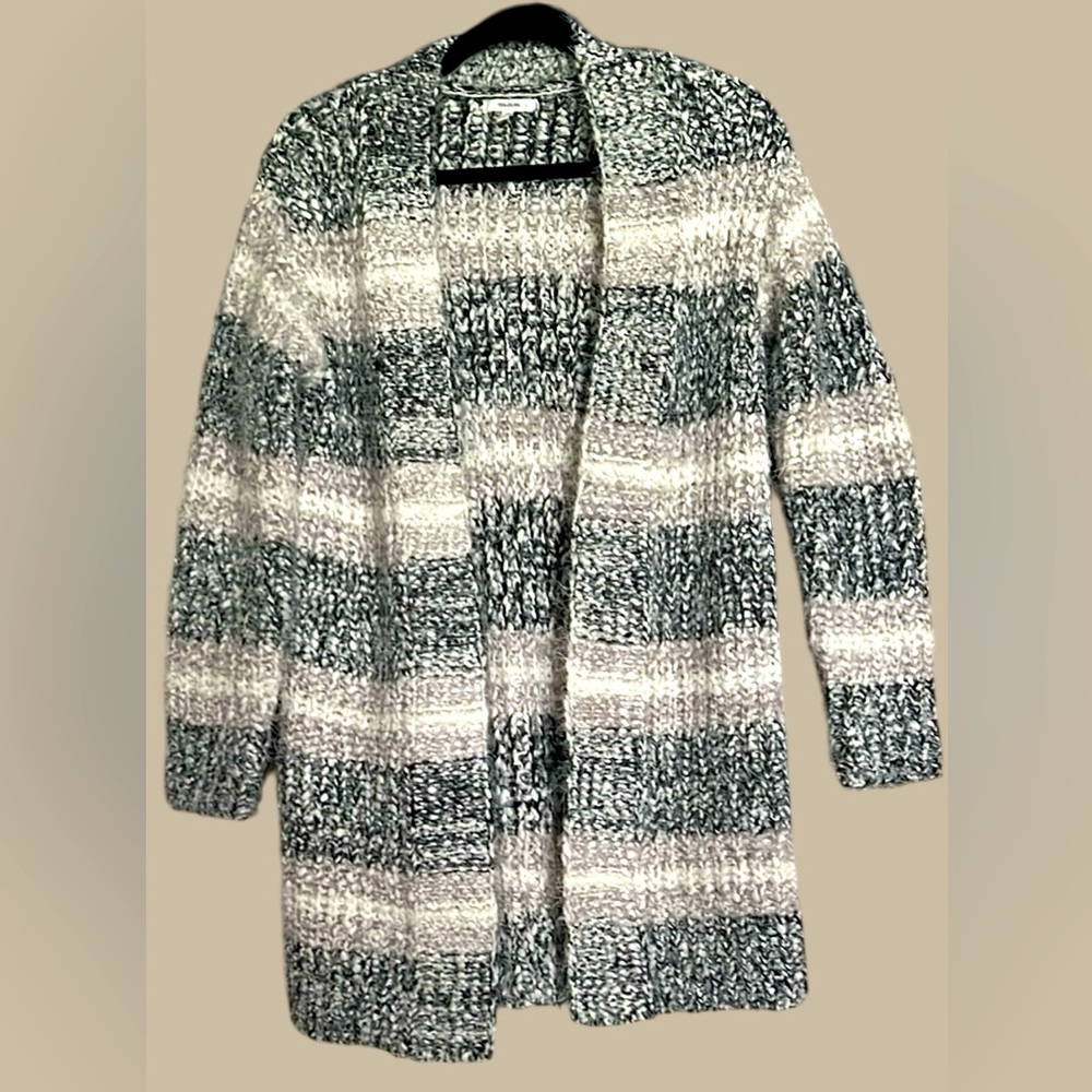 MAURICES Black/Beige/Cream Striped Chunky Open Front Cardigan, Sz Small, GUC.